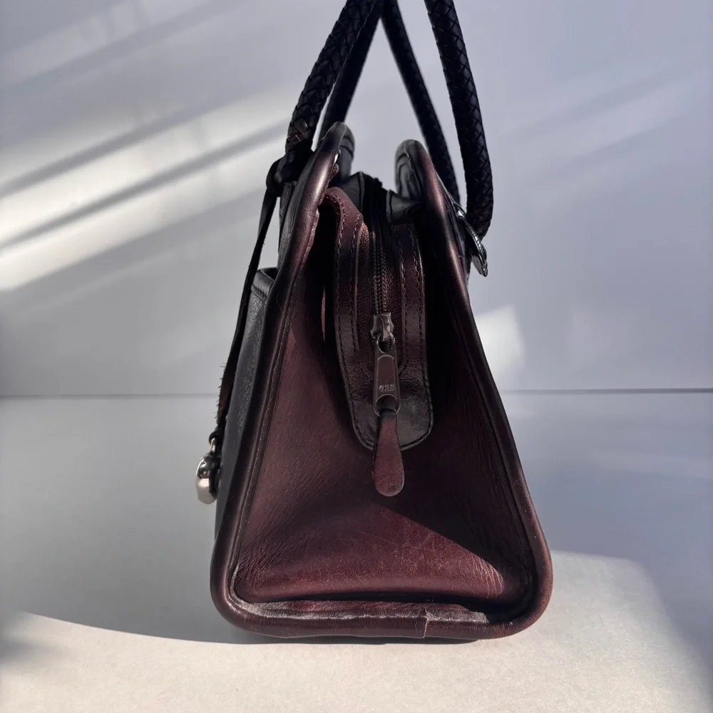 Vintage Brighton Brown Leather Silver Filigree Braided‎ Handle Handbag A162006